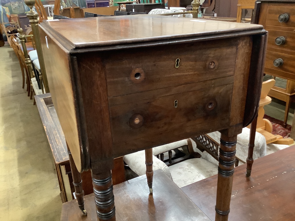 A Regency mahogany drop leaf work table, width 50cm depth 35cm height 68cm